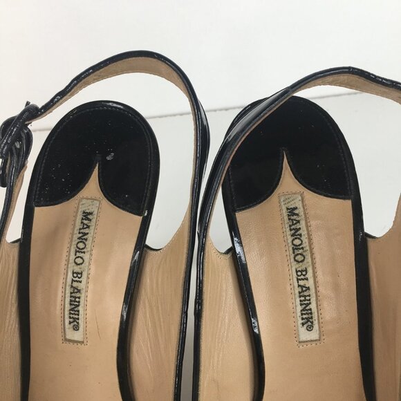 Manolo Blahnik Patent Leather Peep Toe Slingback Black Pumps Size 40.5 - Picture 3 of 9